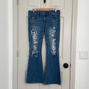 American Eagle Boho Artist Flare Womens 12 Blue Stretch Distressed Y2K Hippie